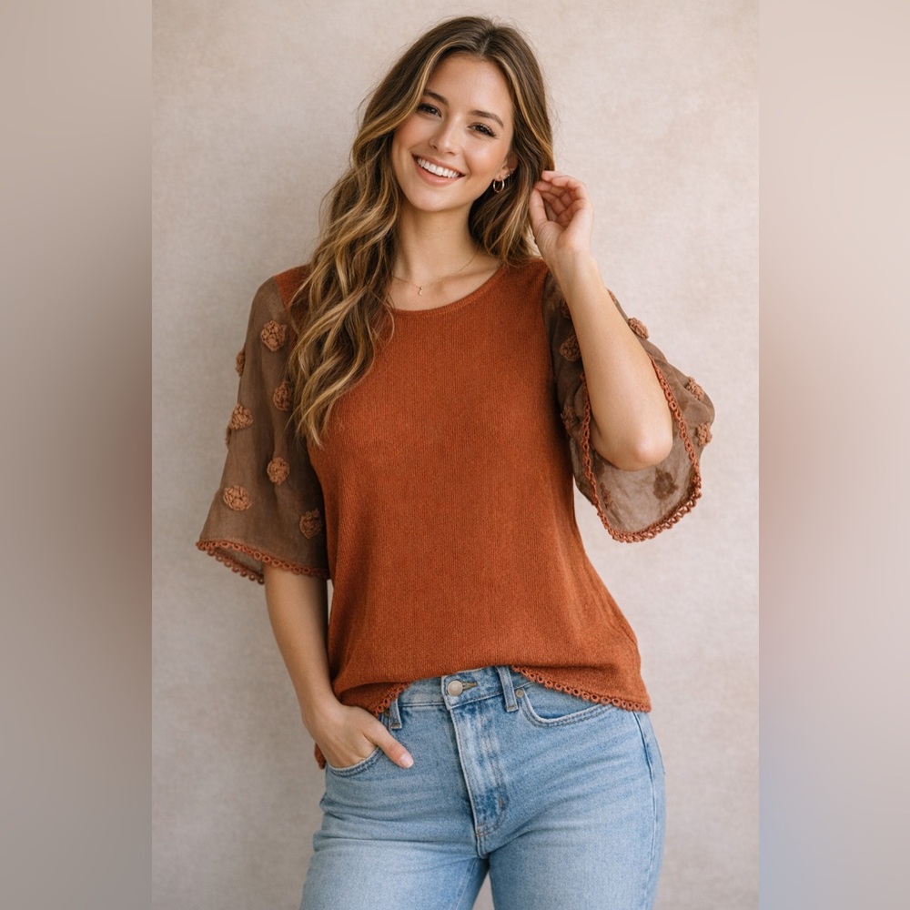 THML Boho Rust Ribbed Top w/ Textured Puff Sleeves